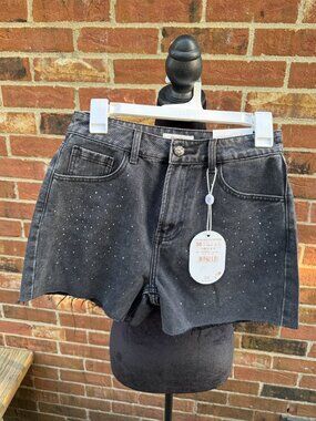 Oraije Paris Rhinestone Denim Shorts NWT High Waist Gray Black Size 4